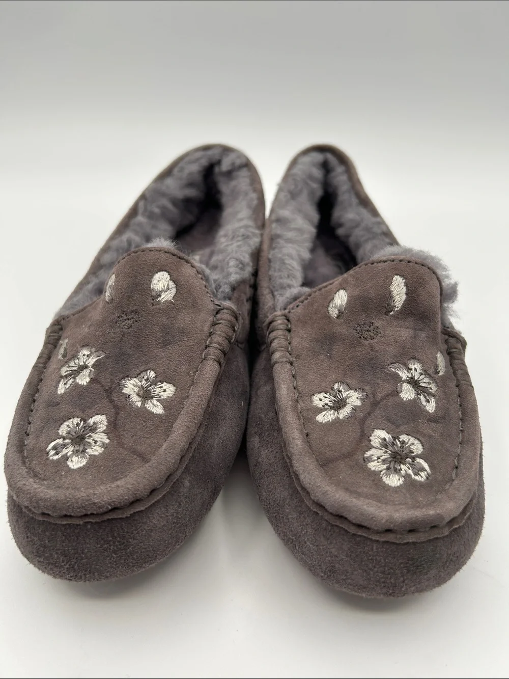 UGG Ansley Blossom Gray Suede Moccasin Slippers with Plush Shearling Lining - Picture 3 of 16